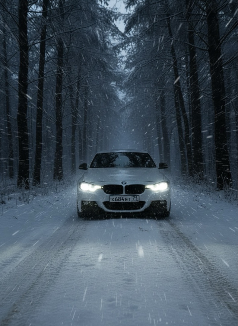 BMW F30, фронтальный кадр на заснеженной дороге